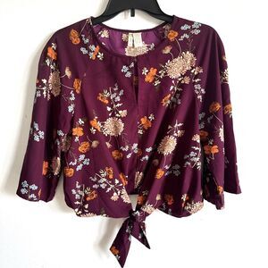 Japna Burgundy Floral Top Burnout Tie Waist Casual Blouse MP